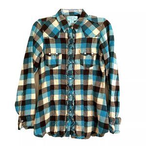 Tasha Polizzi Plaid Flannel Pearl Snap Button Western Shirt Ruffle Small Casual